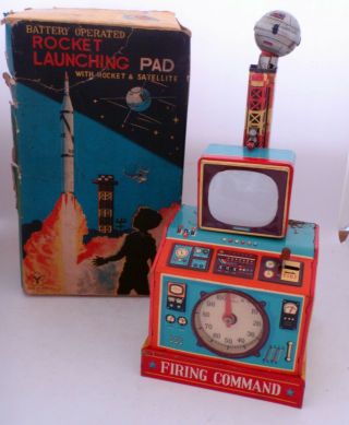 Space Rocket Launching Pad And Satellite B/o Tin Toy Yonezawa Japan W.  Box