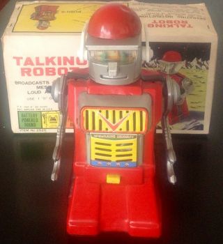 Vintage Talking Robot,  Box Yonezawa 1960s Japan Space Tin Battery Operated