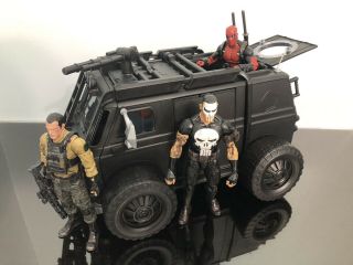 Marvel 6” Punisher/ Deadpool Van.  Fully Loaded With Accessories And Lights