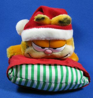 Garfield 1978/1981 Plush Cat On Pillow Wearing Santa Hat Dakin Stuffed Toy