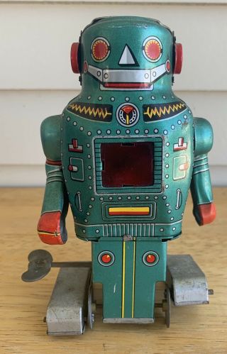 Vtg 50s 60s Noguchi Tin Litho Wind Up Mighty Robot Made In Japan