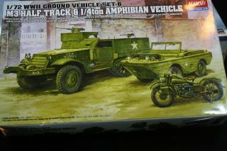 1/72 Academy M3 Half Track & 1/4 Ton Amphibian Vehicle & Motorcycle Wwii Model