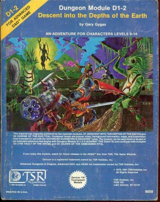 D1 - 2 Descent Into The Depths Of The Earth Advanced Dungeons & Dragons Tsr 9059