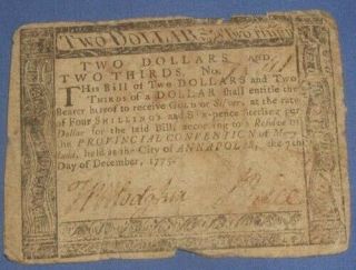Colonial Currency Maryland Two Dollars & Two Thirds Dec.  7,  1775 /