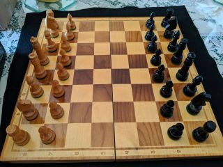 Vtg Wooden Chess Set With Folding Storage Board
