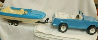 Vintage 1950s 60s Tonka Jeep Blue White Jeepster & Boat Trailer
