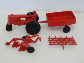 Vtg Slik Toys Farm Tractor,  3 Implements Minneapolis Moline Plow Wagon