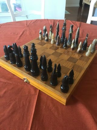 Vintage Carved Buffalo Horn Chess Set 151/4 X 15 3/4
