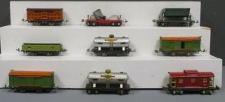 Lionel O Gauge Prewar Freight Cars: 659,  620,  806,  805,  654,  805,  657,  902 & 804