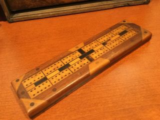 Vintage Wood Inlaid Cribbage Board Hand Crafted 12.  5 Inch