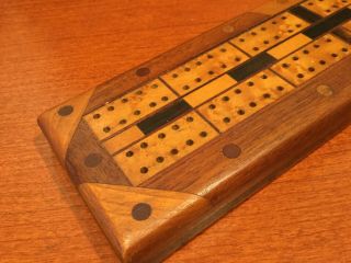 Vintage Wood Inlaid Cribbage Board Hand Crafted 12.  5 inch 2
