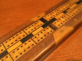 Vintage Wood Inlaid Cribbage Board Hand Crafted 12.  5 inch 3