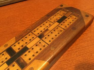 Vintage Wood Inlaid Cribbage Board Hand Crafted 12.  5 inch 4