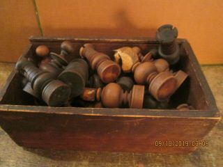 Antique Hand Carved Wood Chess Set In Old Box No Board