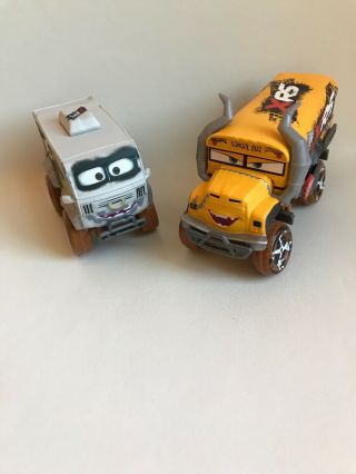 2 Disney Pixar Cars Miss Fritter & Arvy Mud Racing Real Suspension Xrs Euc Grt