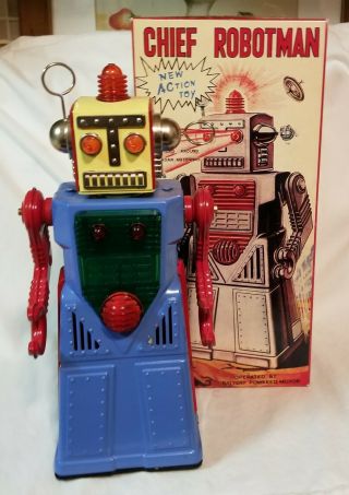 Chief Robotman Battery Operated Tin Robot With Box
