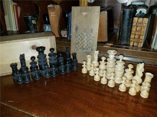 Antique Vintage Wooden Chess Set In Wood Slide Top Travel Box Complete
