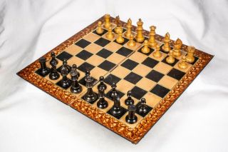 Antique Chess Set With Lether Board Echecs Schach Scacchi Ajedrez