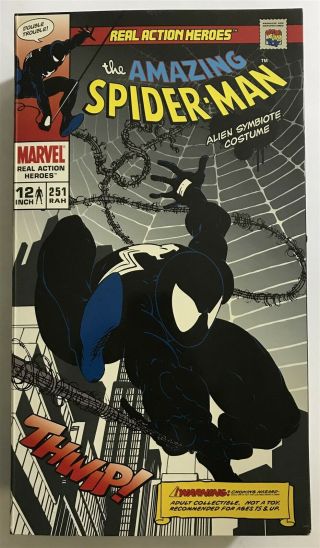 Real Action Heroes Black Suit Spider - Man Figure 1/6 Scale Medicom Marvel Cib