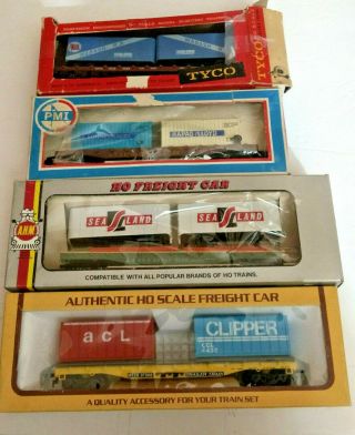 Ho Scale 4 Dets Of Flat Cars With Containers Ahm Tyco Pmi And Life Like