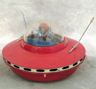 1950 Ko Yoshiya Japan Tin Battery Operated Robot Flying Saucer Space Pilot Runs
