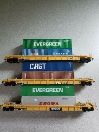 Pack Of 3 Ho Walthers Thrall Double Stack Cars With Containers