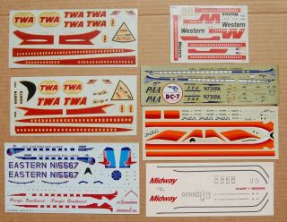 Aurora Dc - 8 & 727 Model Kit Decals Plus Five Others Various Airlines & Scales