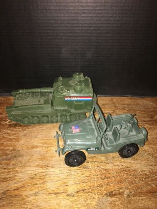 Vintage Processed Plastic Toy U.  S.  Army Jeep 739 And Tank 1960 