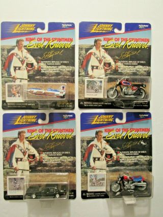 Johnny Lightning Evel Knievel Set Of 4 X - 2 Sky Cycle Stunt Cycle Motorcycle Car