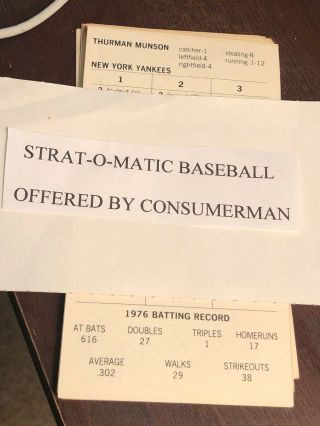 Strat - O - Matic Baseball 1976 York Yankees