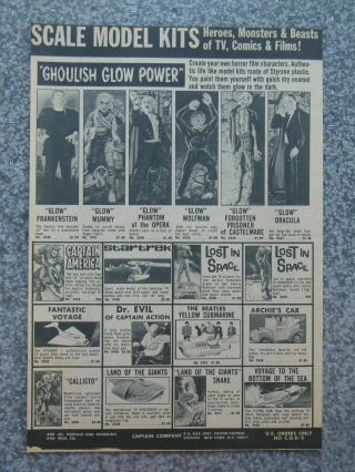 Vintage 1969 Aurora Monster Glow Dracula Frankenstein Beatles Sub Advertisement