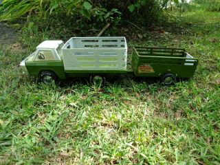 Vintage Nylint Farms Flat Bed Pickup Truck And Trailer Green Pressed Steel