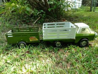 Vintage Nylint Farms Flat Bed Pickup Truck and Trailer Green Pressed Steel 3