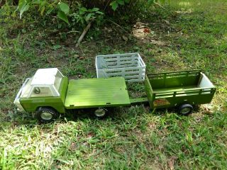 Vintage Nylint Farms Flat Bed Pickup Truck and Trailer Green Pressed Steel 5