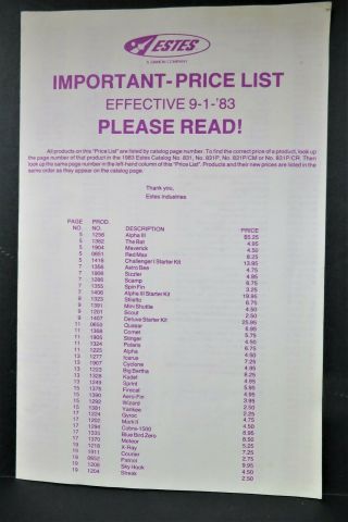 Vintage Estes Flying Model Rockets Important Price List Pamphlet - 1983