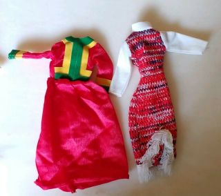 2 Mego Dresses Red W/green & Yellow Strip & A Sweater Dress Mego Tags On Both