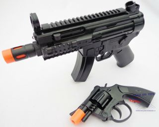 2x Toy Machine Guns Elec Mp5 W Flashing Lights & Sound Fx & Revolver Cap Gun Set
