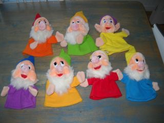 Snow White Disney 7 Dwarfs 50th Anniversary Complete Set Hand Puppets Plush