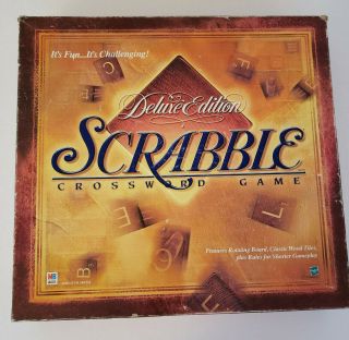 Scrabble Deluxe Edition 1999 Crossword Turntable Board Game Burgundy Wood Tiles
