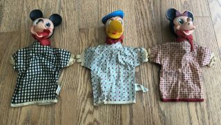 3 Vintage Disney Hand Puppets Donald Duck Minnie Mouse Mickey Gund Toy Toys