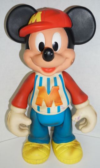 Vintage Molded Plastic Mickey Mouse 12 " Toy Doll Posable Head Arms Legs Baseball