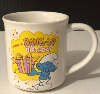 Smurf 1982 The Smurfs Coffee Mug Cup Jokey Smurf Have A Bang Up Birthday