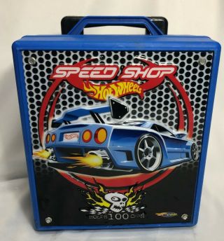 Hot Wheels Speed Shop Holds 100 Cars Blue Carrying Case W Wheels Flaming Skull