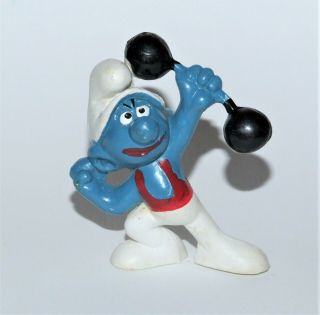 Vintage 1972 Peyo Schleich Barbell Weightlifting Smurf Pvc Figure Made Hong Kong