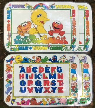 4 Vintage Sesame Street Vinyl Reusable Activity Placemats 1996 Color Letters