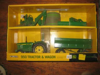 Ertl - John Deere 950 Tractor With Backhoe.  Bail.  Wagon And Blade 1/16 Diecast