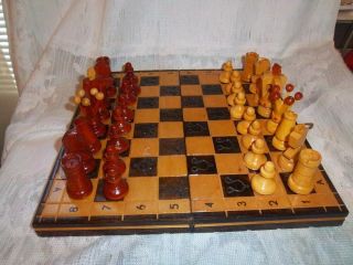 Vintage Wooden Chess Set Board - Hand Crafted - Small 10 3/4 " Folding Game Board