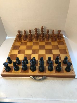 Vintage Large Wooden Chess Set W/ Folding Board Case 2 1/4 " Squares,  4 1/2 " King