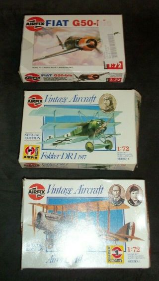 3 Boxes Airfix Model Planes Fiat G50 Bis,  Fokker Dr1,  Airco Dh4