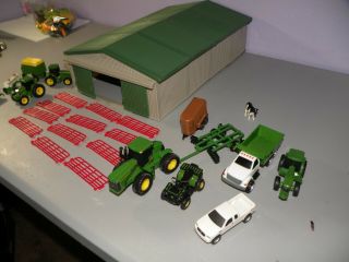 Farm Toy Playset Machine Shed Tractor Atv Trucks Wagons Kids Play Game
